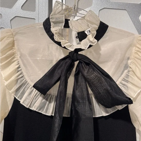 Zara Elegant Black and Cream Long Sleeve Dress - Picture 2 of 9